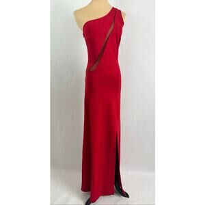 Marcella NYC Red One-Shoulder Mesh Cut-Out Side Slit Ponte Maxi Dress Size XS